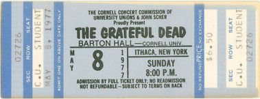 A ticket stub from Grateful Dead's Barton Hall, Ithaca, NY 5/8/77 concert